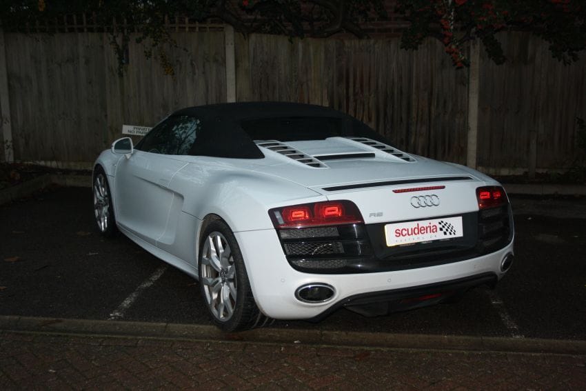White R8 V10 Pre-Facelift with Capristo exhaust.